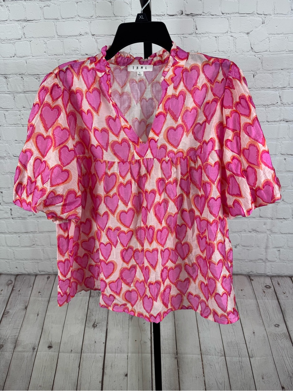 THML Pink & Orange Heart Print Puff Sleeve Babydoll Blouse Top Size Large